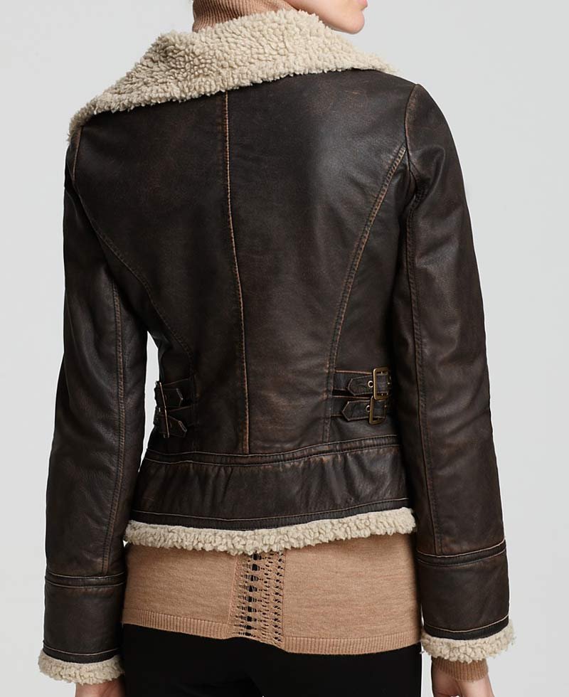 Women's Michael Asymmetrical Zipper Shearling Brown Leather Jacket